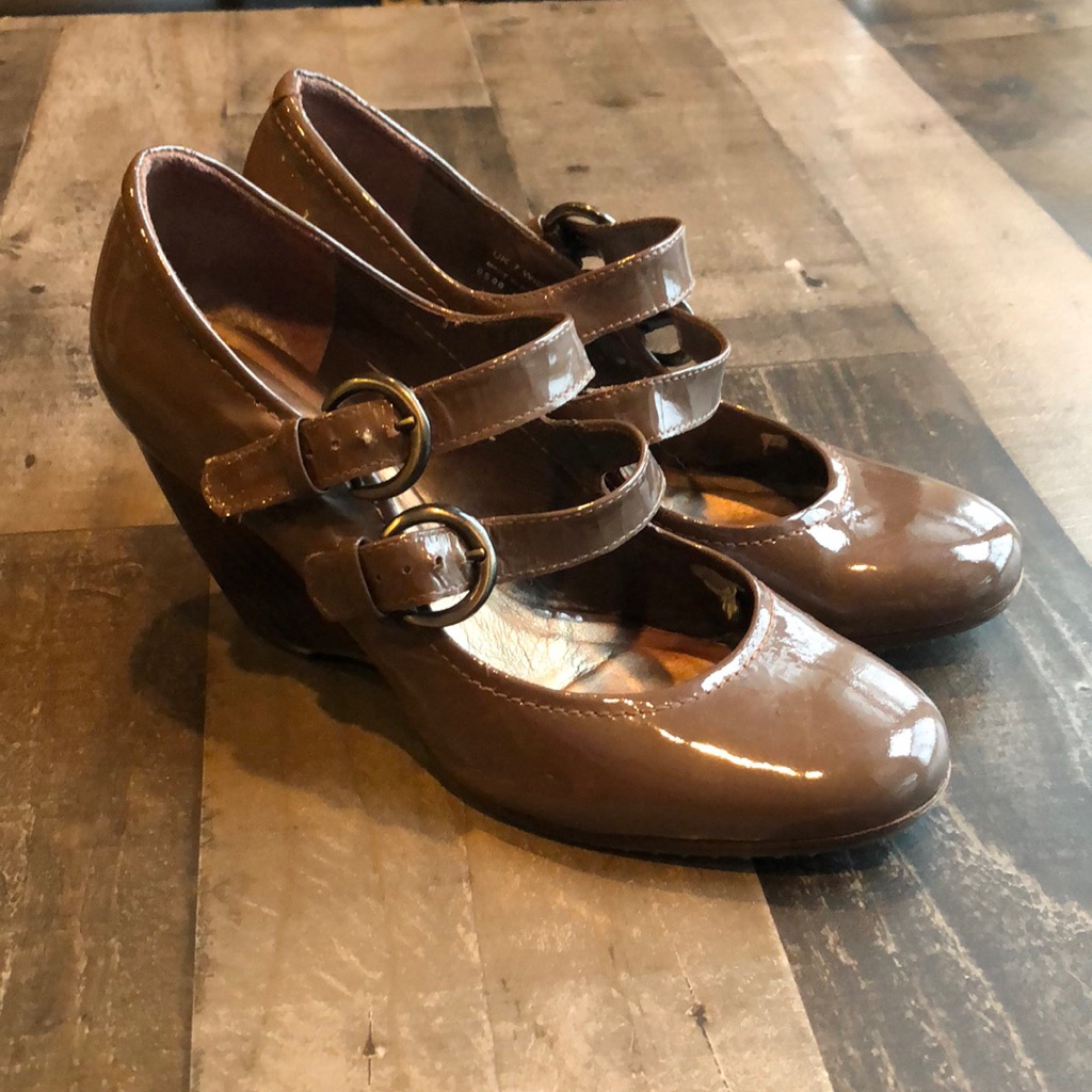 Mocha Patent Leather Clarks Wedge Mary Jane